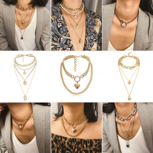 Vintage Fashion Multi-element Pendant Necklaces For Women Bohemian Gold Silver Color Metal MultiLayer Necklace Jewelry Wholesale