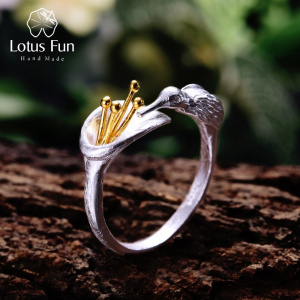 Lotus Fun Real 925 Sterling Silver Bird Ring Natural Creative Design Fine Jewelry Adjustable Hummingbird Rings for Women Bijoux