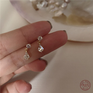 S925 Sterling Silver Japanese Water Drop Crystal  Earrings Women Light Luxury Temperament Wedding 14k Real Gold Jewelry