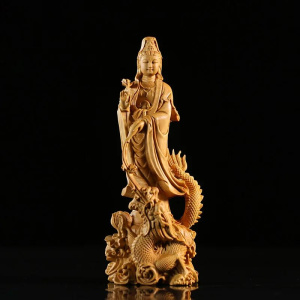 Handcrafted Wooden Standing Dragon Guan Yin Bodhisattva Statue Figurine Sculpture Ornament Feng Shui Spiritual Home Temple Decor
