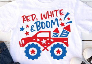 Red White and Boom, Kid, Boy Truck with Fireworks, Shirt Design Short Sleeve Top Tees O Neck