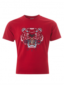 Red Cotton T-Shirt with Tiger Print