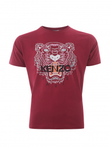 Bordeaux Cotton T-Shirt with Tiger Print and Black Logo