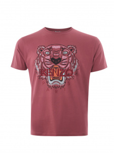 Light Red Cotton T-Shirt with Tiger Print and Front Logo