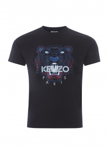 Black Cotton T-Shirt with Tiger Print and Front Logo