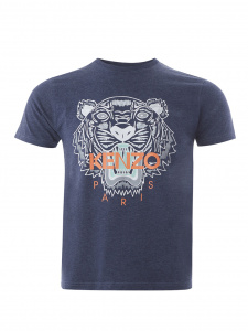 Blue Cotton T-Shirt with Tiger Print and Front Logo in Orange