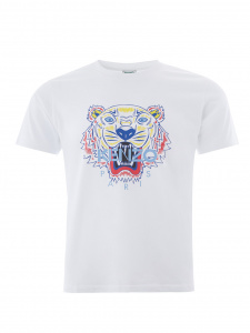 White Cotton T-Shirt with Tiger Multicolor Print and Front Logo in blue