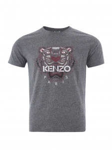 Grey Cotton T-Shirt with Tiger Print and Front Logo in white