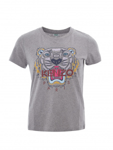 Grey Printed Cotton Tiger T-Shirt With Red Logo