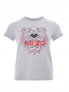 Grey Melange Cotton T-Shirt With Printed Tiger