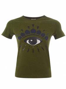 Green Cotton T-Shirt with Contrasting Eye Print on Front