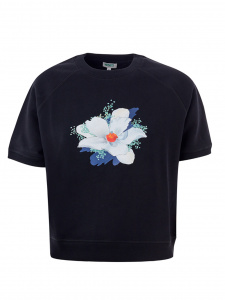 Black Cotton T-Shirt with Flower Print on Side