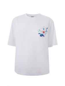 White Oversized Cotton T-Shirt with Flower Embroidery