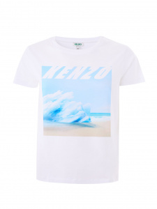 White Cotton T-Shirt with Wave Blue Print