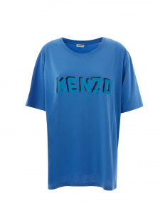 Blue Cotton T-Shirt with Contrasting Painting Logo