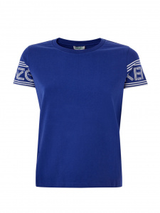 Blue Cotton T-Shirt with Contrasting Logo on Sleeves