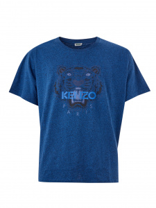 Blue Cotton T-Shirt with Contrasting Front Tiger Print