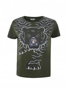 Green Cotton T-Shirt with Contrasting Tiger Print