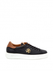 Black Leather Sneakers with Gold Logo