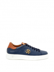 Blue Leather Sneakers with Gold Logo