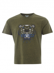 Green Mélange Cotton T-Shirt with Tiger Print