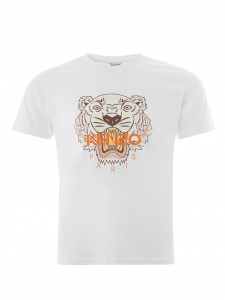 White Cotton T-Shirt with Orange Tiger Print