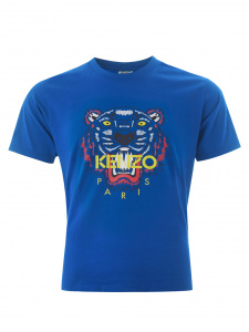 Blue Cotton T-Shirt with Contrasting Tiger Print