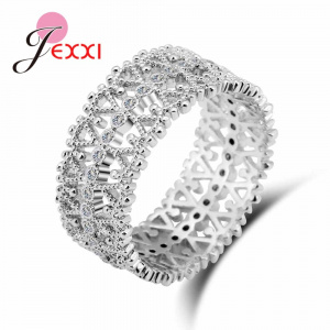 925 Sterling Silver Hollow with CZ Rhinestone  Jewelry Gifts Simple Wide Engagement Party Rings For Women Bridal