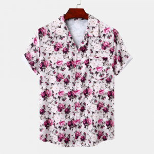 Short Sleeve Pink Floral Printed Beach Aloha Hawaiian Shirts for Men