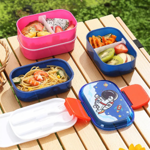 600ml Cartoon Double Layers Lunch Box With Spoon And Fork Leak-Proof Microwave Bento Box Kids Student Food Container BPA Free