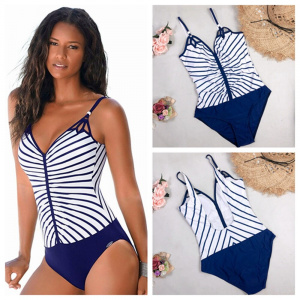 Vintage Swimsuit Women Plus Size One Piece Swimwear Deep V Neck 2020 Striped Backless Bathing Suit Tummy Control Monokini Beach