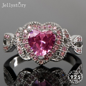 Jellystory luxury ring 925 sterling silver charm ring with heart shape pink zircon gemstone jewelry for women wedding engagement