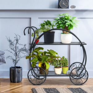 Two Tier Classy Black Metal Decorative Flower Cart Plant Stand 
