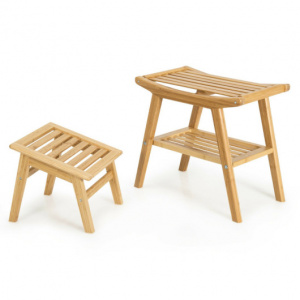 Bamboo Shower Seat Bench with Underneath Storage Shelf-Natural