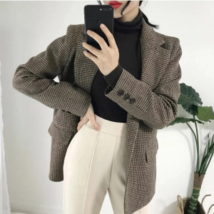 Women Houndstooth Blazer Female Long Sleeve Casual Lady Blazers Formal Suits Single Breasted Coat Vintage Female Pockets Tops
