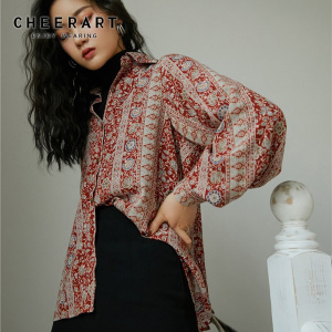 CHEERART Vintage Floral Shirts Women 2020 Red Long Sleeve Button Up Shirt Ladies Top Lantern Sleeve Blouse Korean Clothes