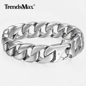 14mm Men's Bracelet Silver Color 316L Stainless Steel Round Curb Cuban Link Chain Bracelets Male Jewelry Gift for Men 8.62"HB164