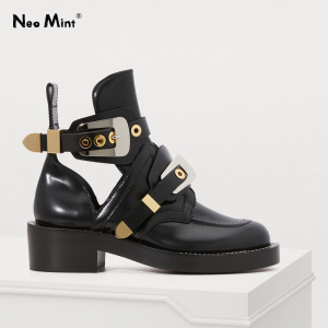 Luxury Brand Designer Silver Gold Buckle Strap Women Boots Double Buckle Ankle Boots for Women Street Style Cut out Punk Shoes