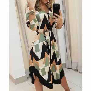 Brand Women's Autumn Shirt Dress Lady Wave Print Long Sleeve V-neck Tunic Dress Holiday Midi Dress Plus Size Women Dress