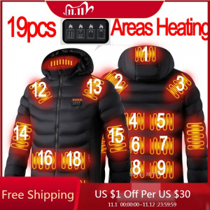 19pcs  NWE Men Winter Warm USB Heating Jackets Smart Thermostat Pure Color Hooded Heated Clothing Waterproof Warm Jackets