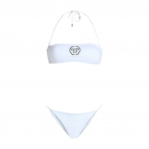Bandeau Bikini in White with Crystal Logo