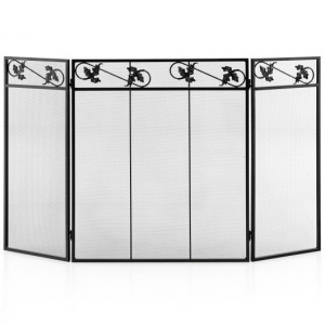 Black 3-Panel Portable Folding Fireplace Screen Featuring Elegant Patterns 