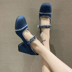 New Women Dress Shoes High Heels Mary Janes Shoes Denim Pumps Ankle Strap Zapatos Mujer