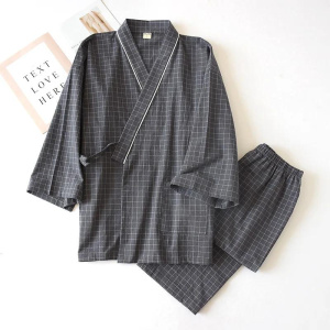 Japanese-style kimono, cotton gauze, men's plaid nightgown two-piece home service yukata lace-up pajama set