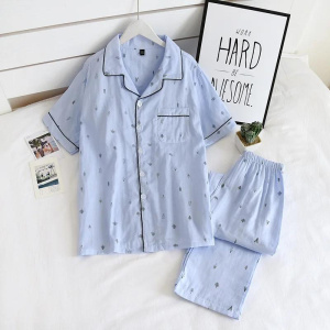 New Men's Pajamas Two-piece 100% Cotton Gauze Short-sleeved Trousers Thin Casual Home Wear Cover Men Pajamas