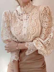 Women Chiffon Button Turtleneck Shirt Chic Elegant Floral Lace Fluffy Long Sleeve Top Fashion Hollow Oversize Blouse