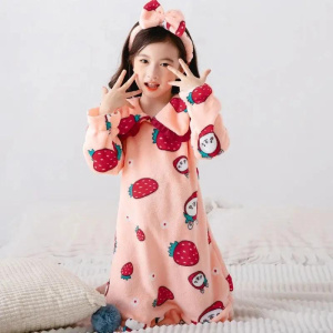Girls Nightdress Princess Style Long-Sleeved Flannel Warm Coral Fleece Lace Pajamas Breathable Solid Color Baby Nightrobe