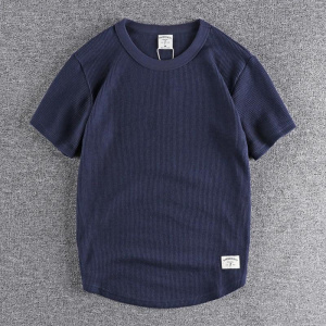 Waffle short sleeve t-shirt men's trendy round neck breathable solid color heavy bottomed shirt half sleeve youth
