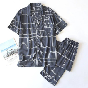 New men's viscose pajamas short-sleeved trousers two-piece set large size geometric cardigan home service suit