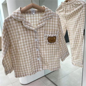 New Kids Pajamas Korean Plaid Print Suit for Boys and Girls Casual Cotton Sleepwear